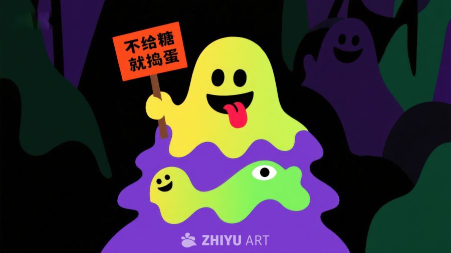 彩色幽灵手持标语，万圣节氛围浓厚