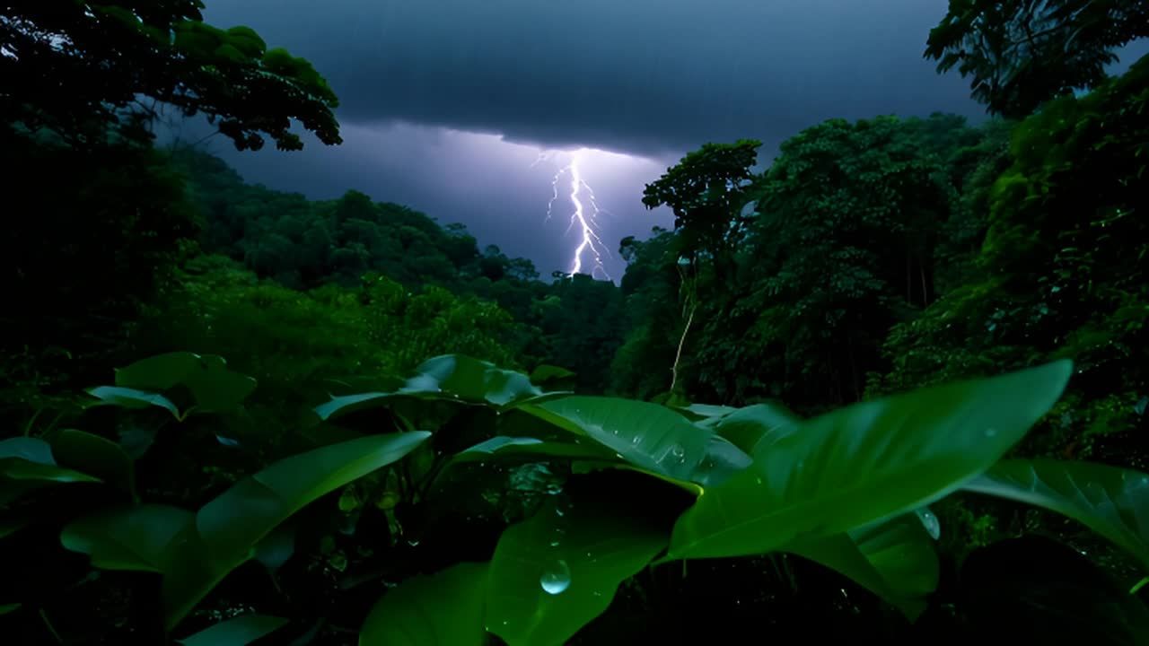 热带雨林中的宁静雷暴一道闪电划破了夜空，照亮了茂密