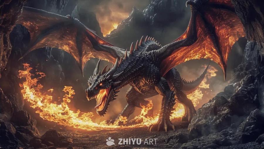 一只黑色的龙站在地狱般的场景中，从口中喷出火焰。龙
