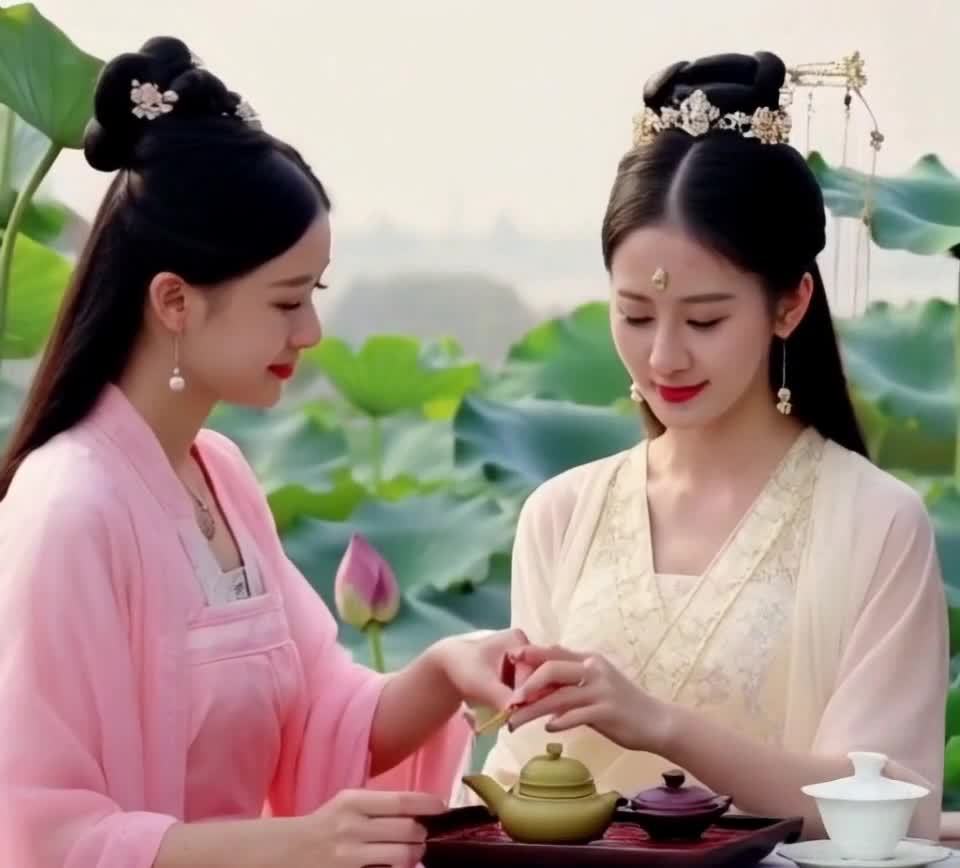 一位身穿黄白色古典服饰的女性正在表演茶道。她盘腿坐