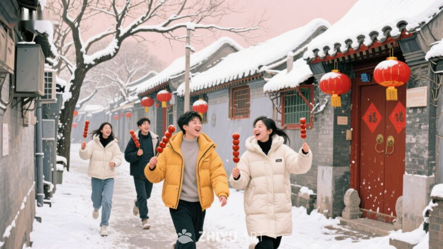 雪中胡同欢笑，红灯映衬冬日暖意 1119