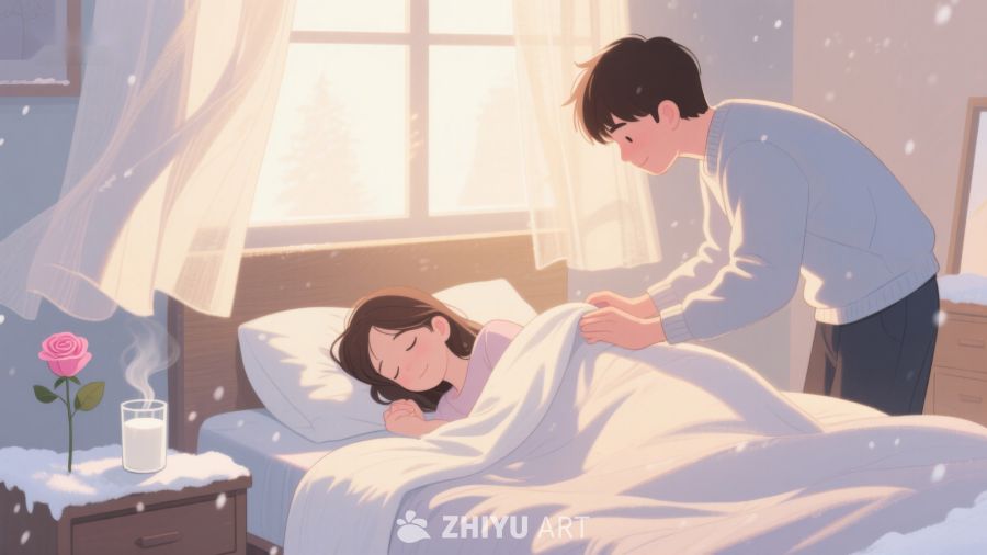 温馨晨间，男子轻抚熟睡女子 363