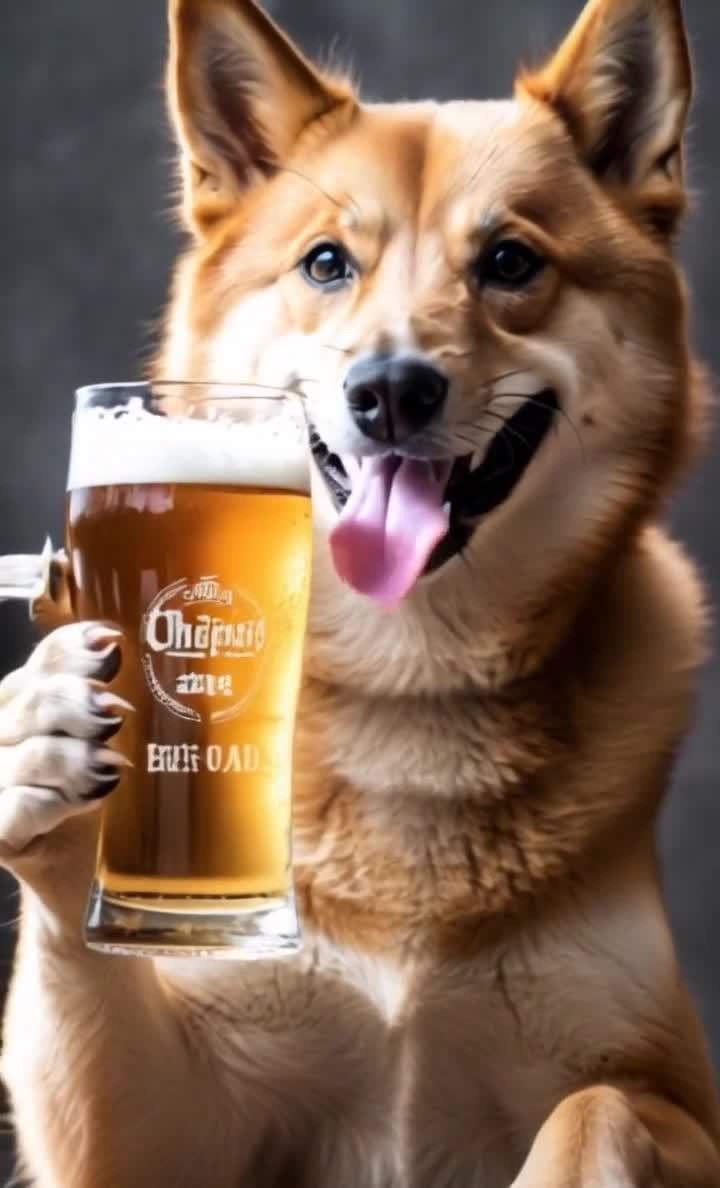 狗举啤酒杯，微笑着享受醇香美酒。