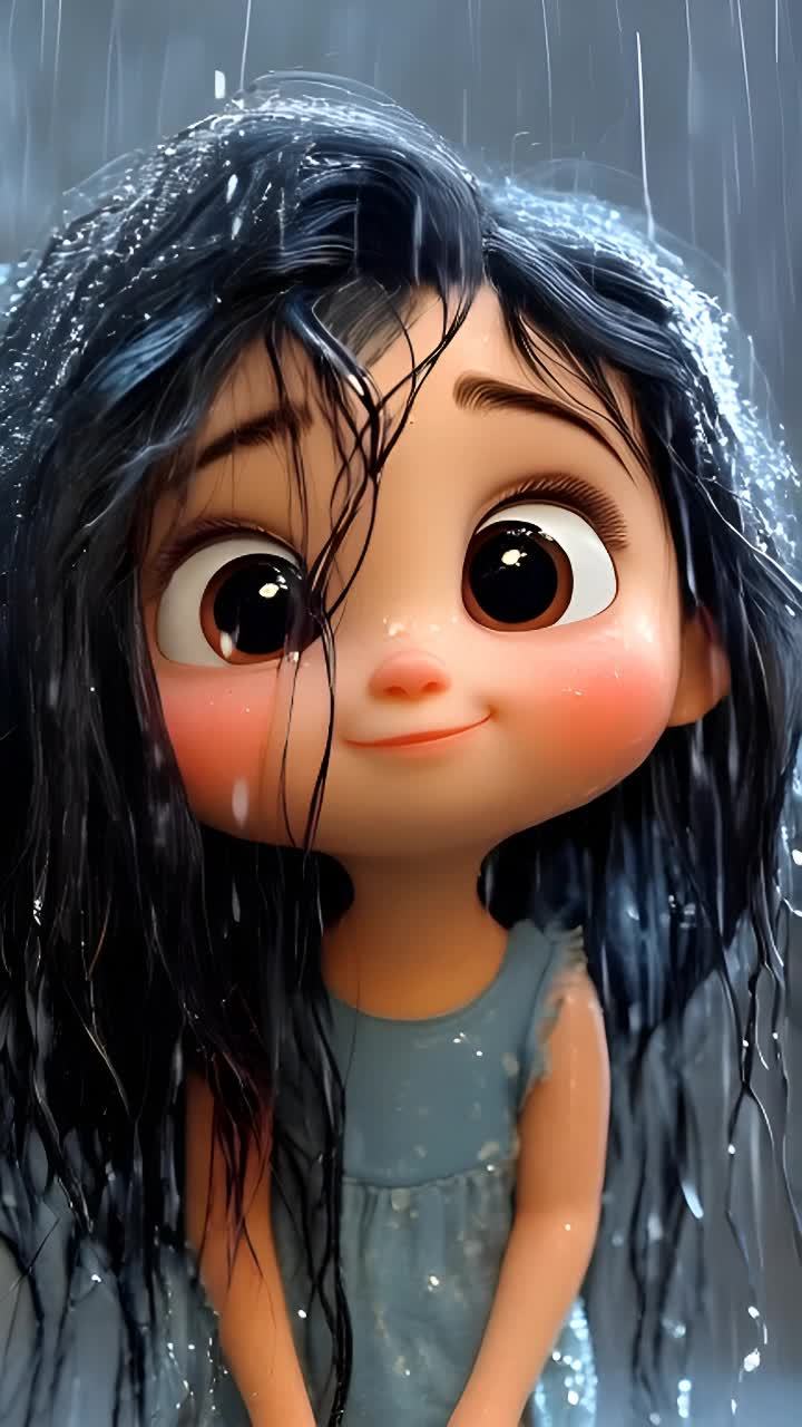 一个有着黑色湿头发，穿着蓝色连衣裙的卡通人物在下雨