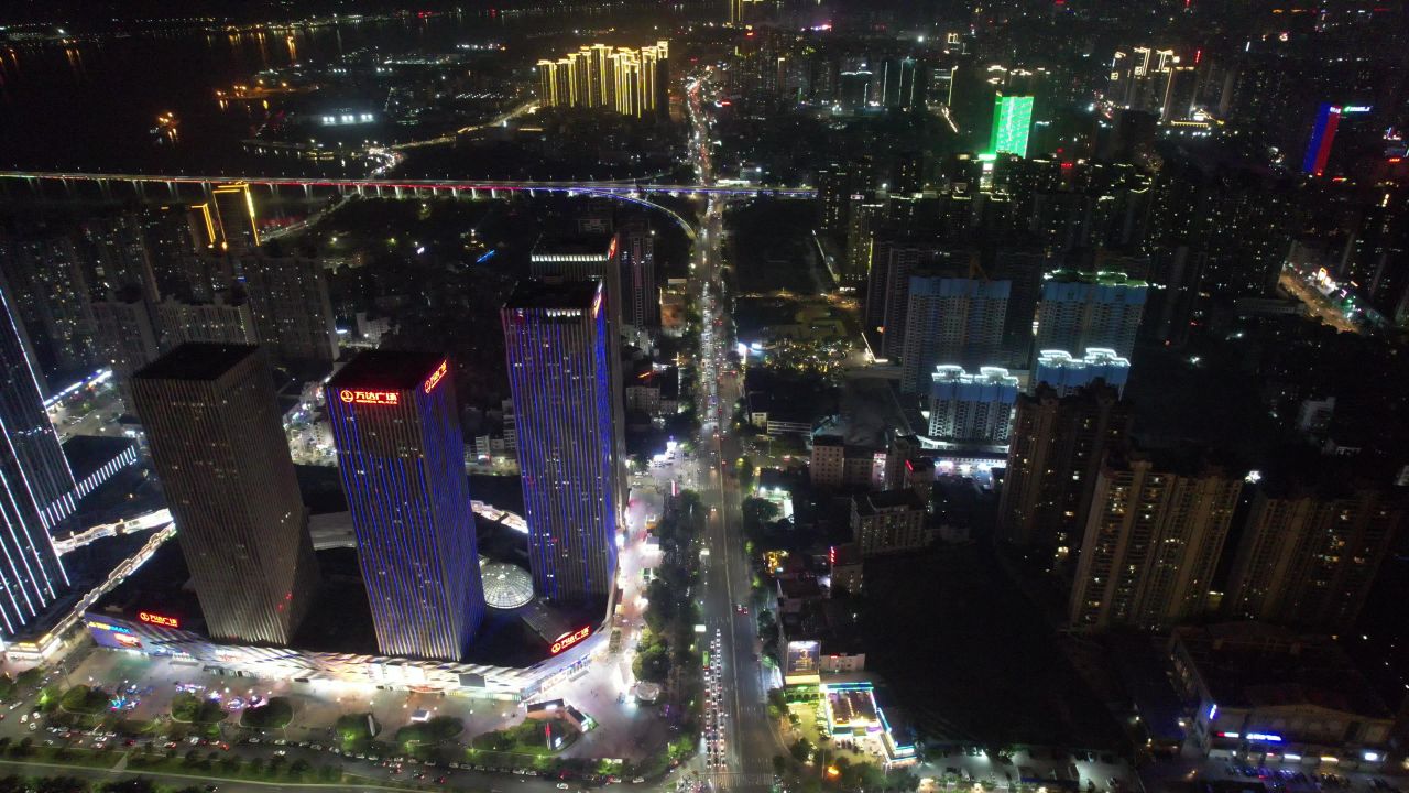 广东湛江城市夜景灯光交通城市大道航拍 