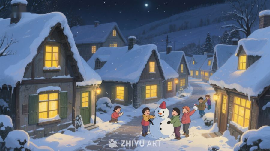 冬夜雪村，孩童堆雪人 78