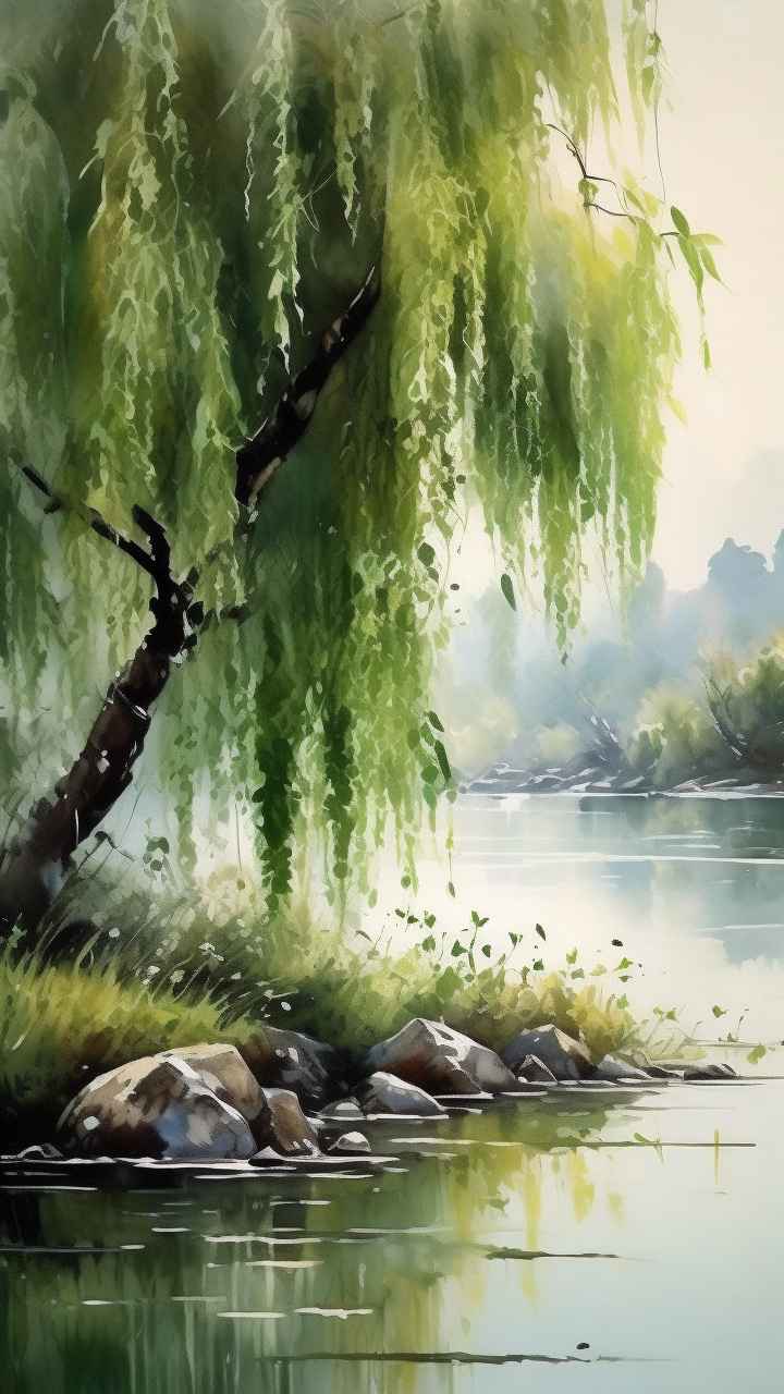 河边柳树插画风景图 24
