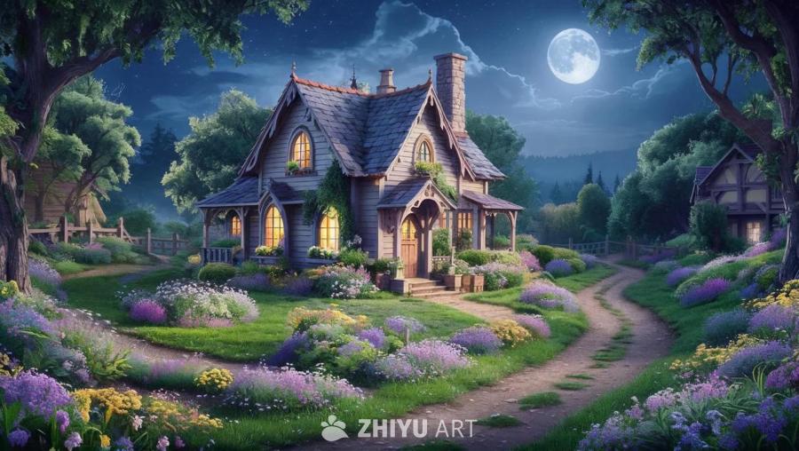 夜空下，一栋歪斜的小屋坐落在花园之中。花园里，小路