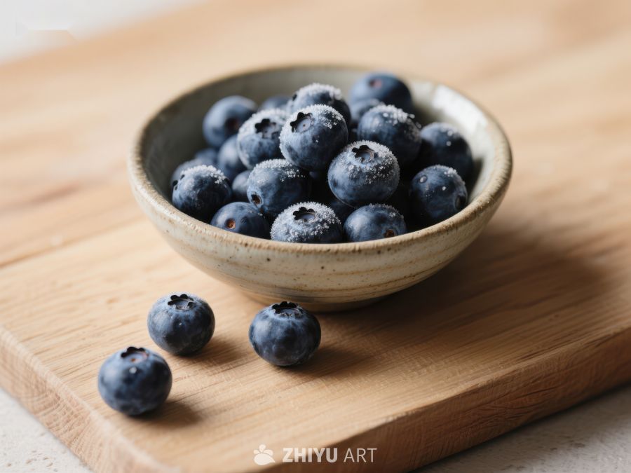 新鲜蓝莓置于木质托盘上的陶瓷碗中 694