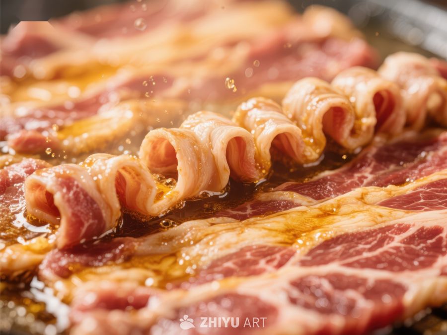 烤肉特写：五花肉与培根卷