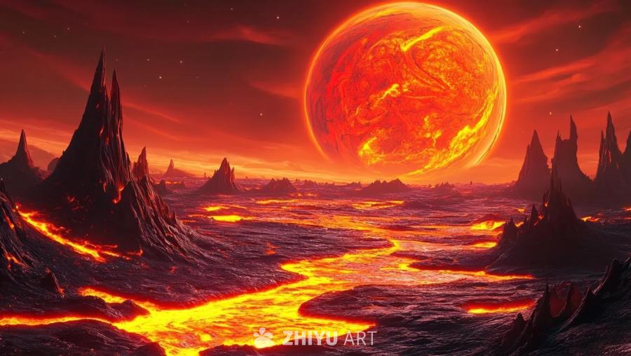 炽热的星球表面，远处一颗巨大的红色星球悬挂在天空。