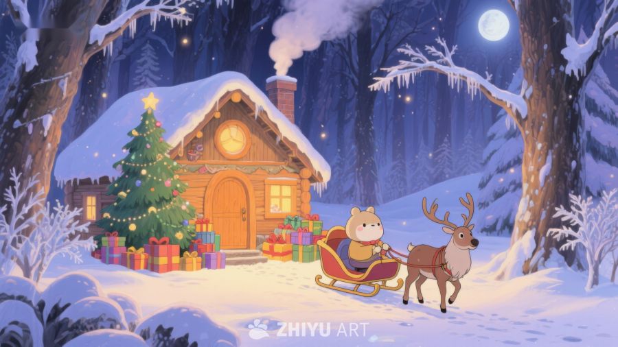 冬夜小屋与驯鹿雪橇 84