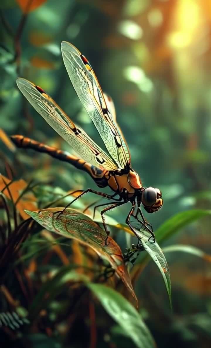 翠绿叶片上栖息的蜻蜓，阳光透过叶间照亮。