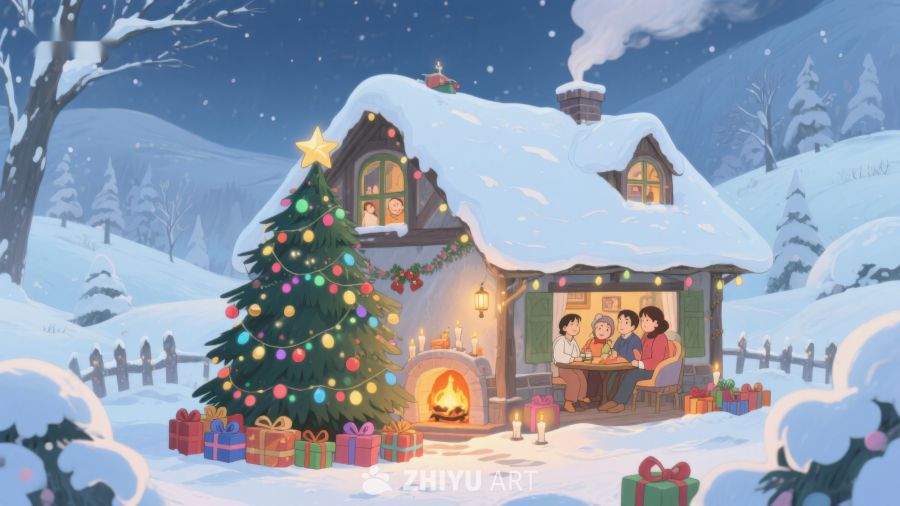 温馨雪夜中的圣诞家庭聚会 341