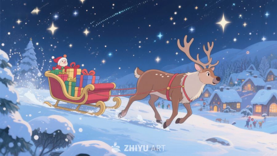 雪夜驯鹿拉着满载礼物的雪橇 485