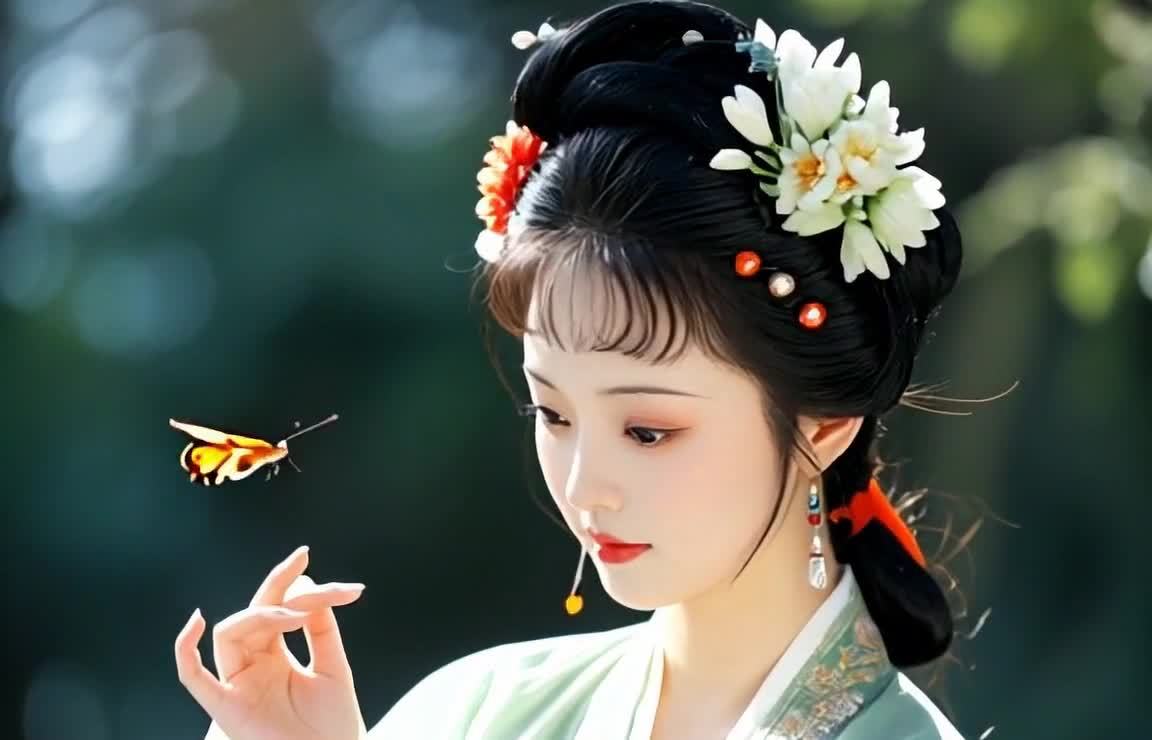 古装女子与蝴蝶，唯美意境，朦胧光影。