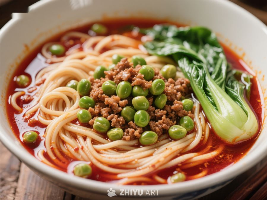 红油拌面配青菜与豌豆 330