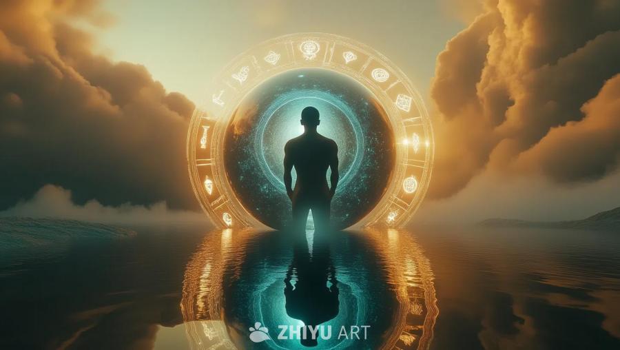 一个抽象风景中，漂浮着一个被知识符号环绕的球体。球