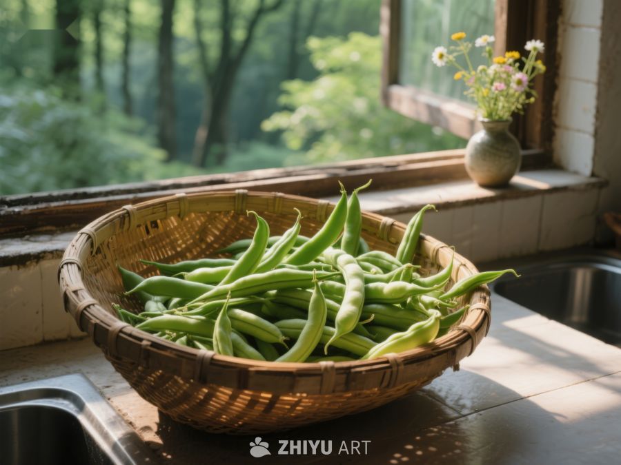 窗边竹篮里的新鲜四季豆 25