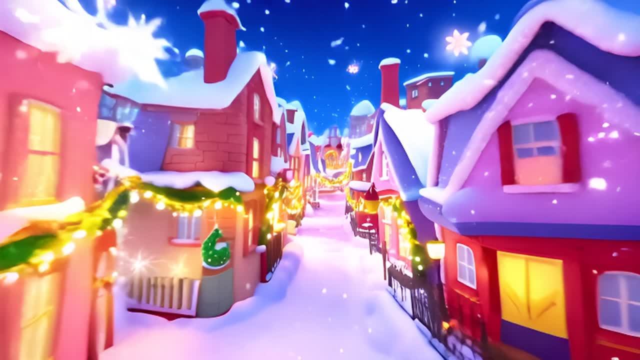 雪中的小镇街道被五彩斑斓的灯光点亮，营造出一种温馨
