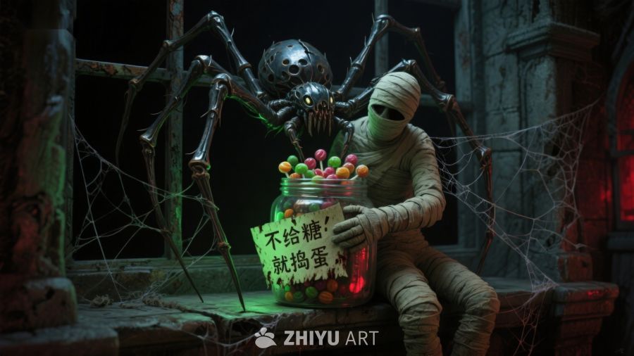 万圣节场景：木乃伊与糖果罐