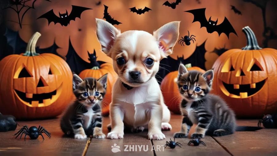 一只白色新生吉娃娃雄性幼犬正与黑色小猫、小蝙蝠、蜘