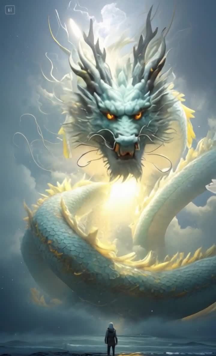 巨龙与人：天空蓝色巨龙注视着人类