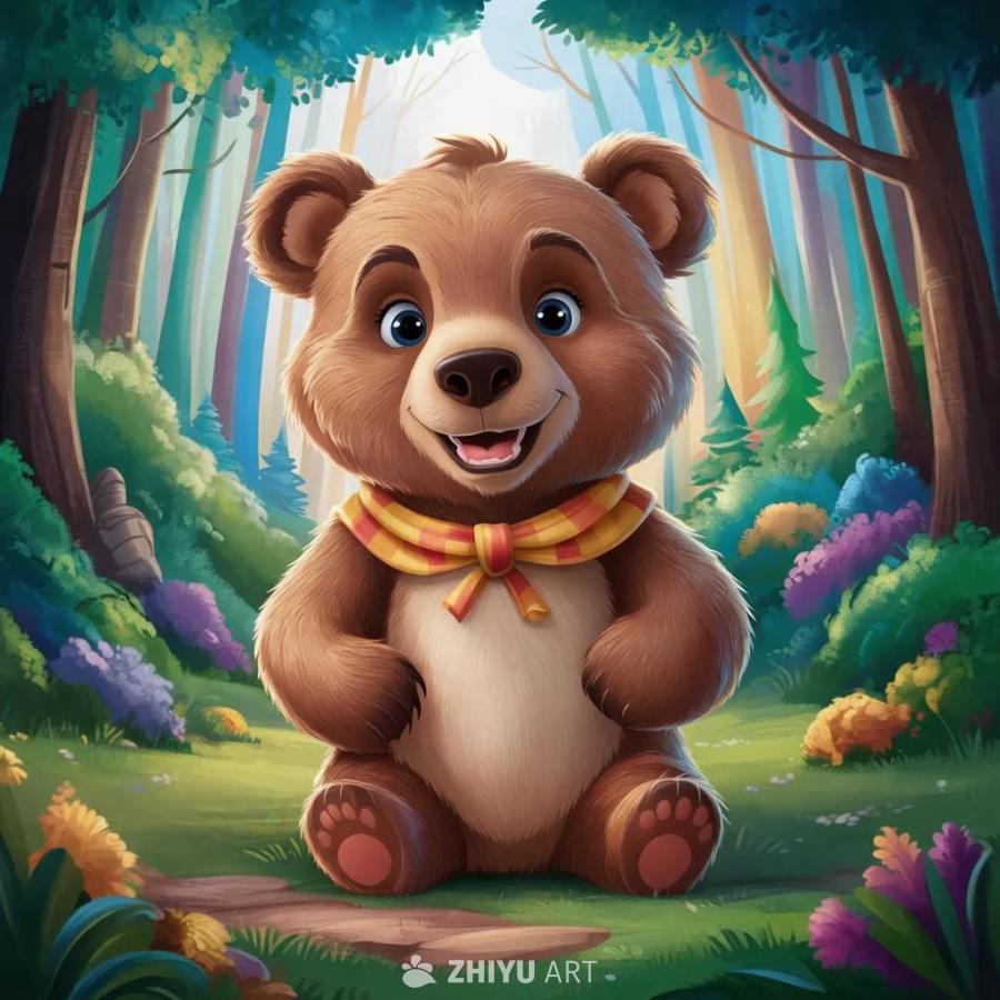 一只名叫Benny的快乐小熊坐在色彩鲜艳的森林里。
