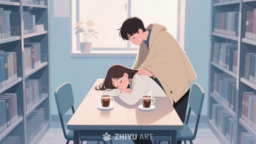 图书馆内温馨一幕：男子轻抚女子头部 315