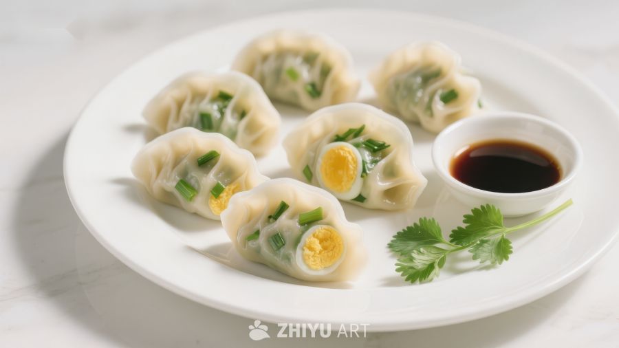 蒸饺配酱油碟，清新美味