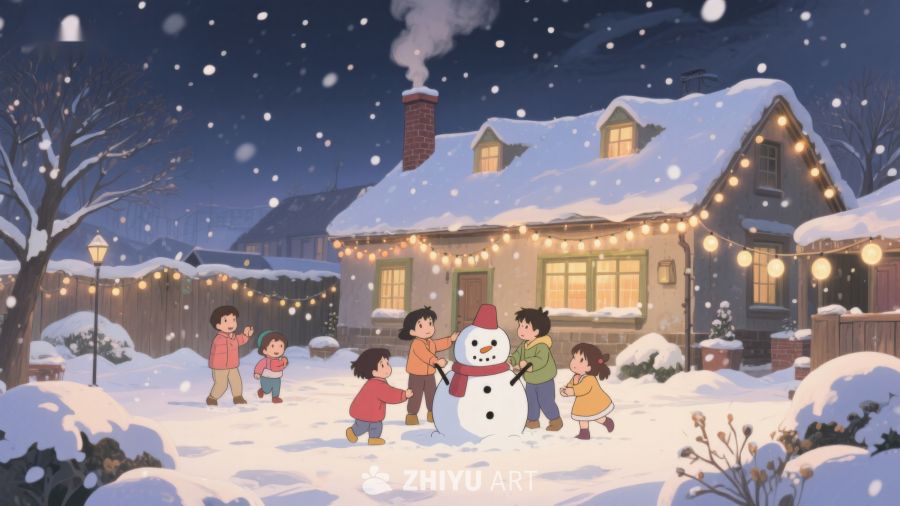 冬夜雪景中孩子们堆雪人 118