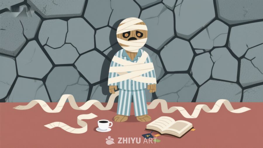 绷带缠绕的卡通人物与书本咖啡