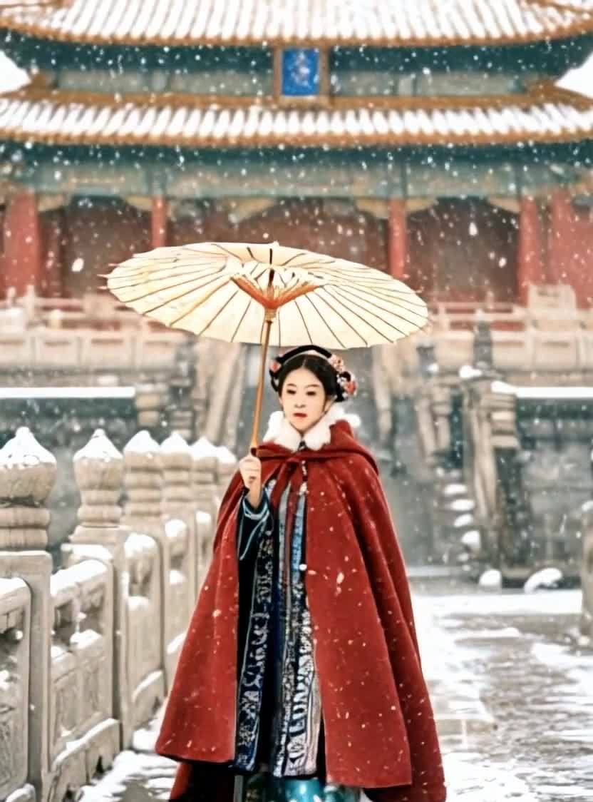 一位身着红色斗篷和古典服饰的女子手持伞漫步于雪中。
