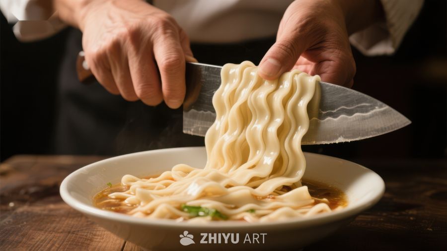 厨师用刀切割面条