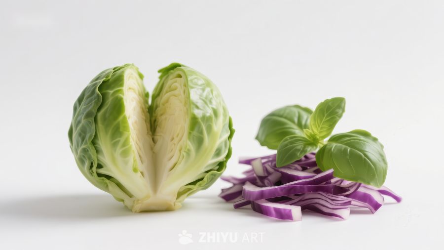 新鲜蔬菜组合：卷心菜、紫甘蓝与罗勒