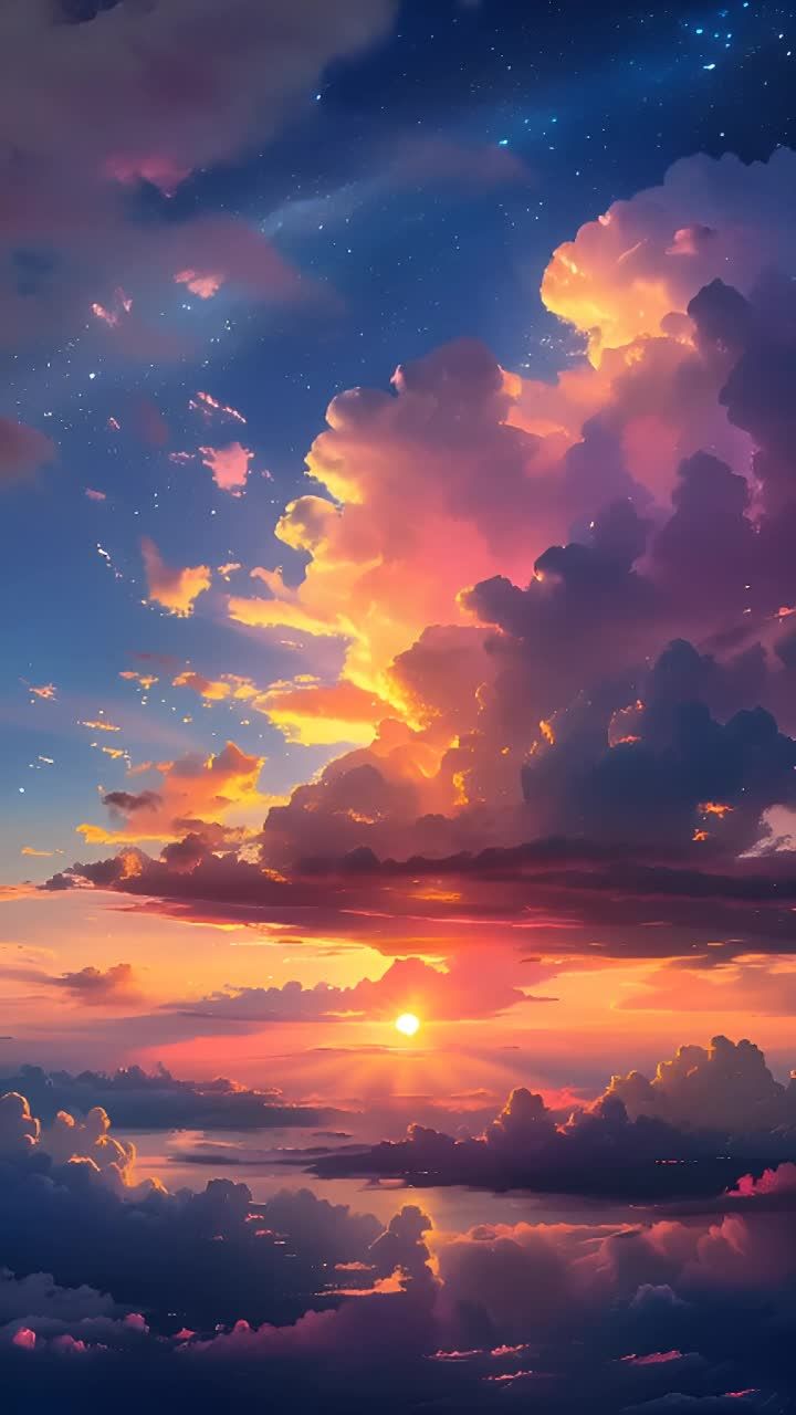 天空中有云朵移动，颜色从橙色到粉色渐变，太阳缓缓落