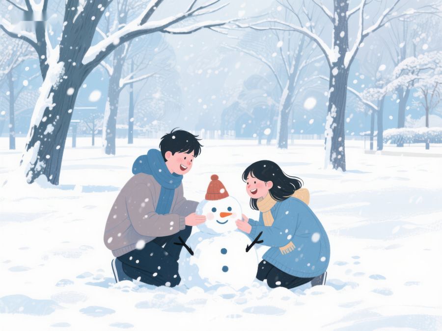 冬日雪地里，两人共同堆砌雪人 86