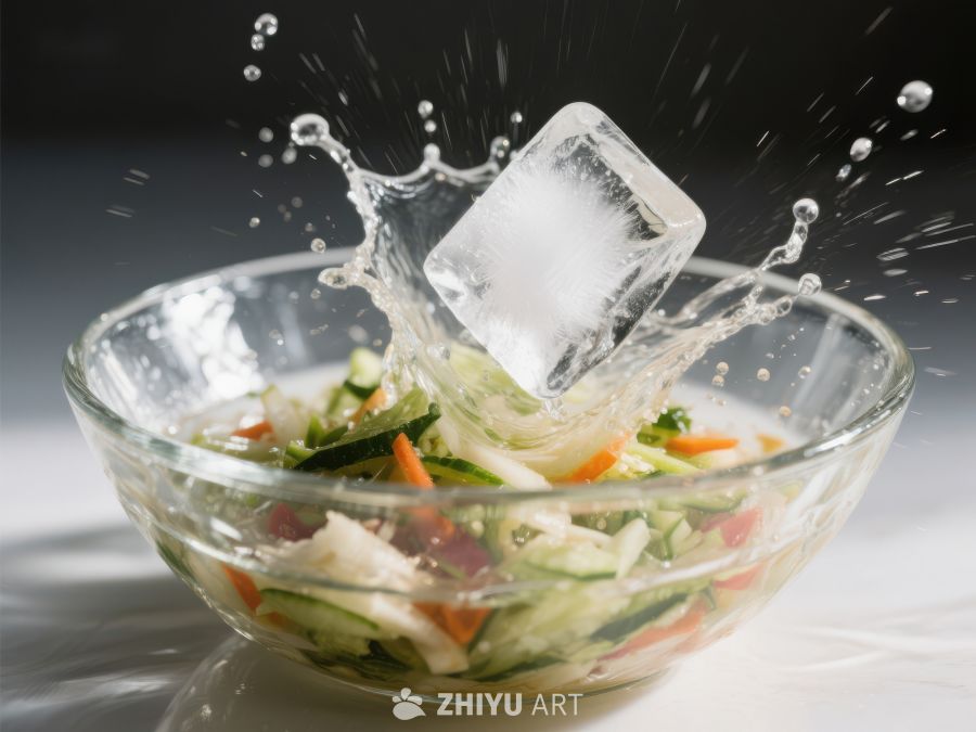 冰块落入蔬菜沙拉碗中溅起水花 24