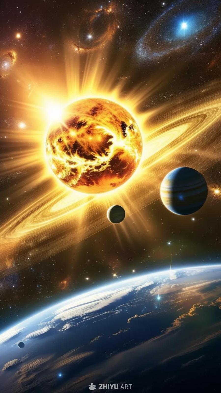 一颗巨大的、燃烧着的恒星位于中心，周围环绕着行星。