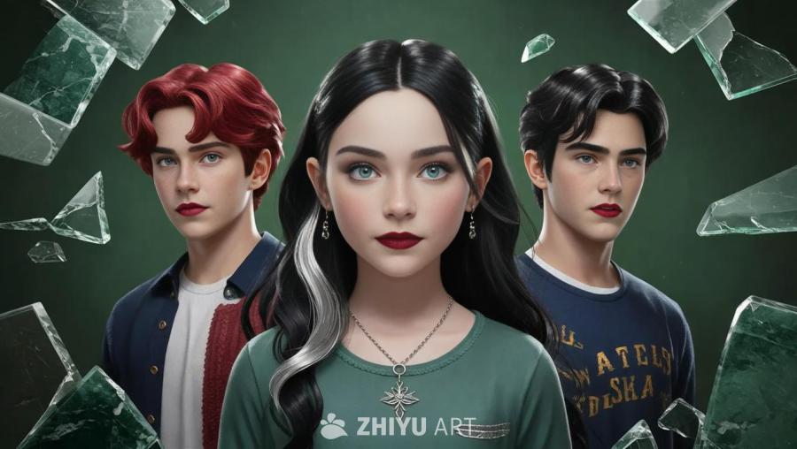 大理石纹理的绿色背景前，站立着一个19岁的少女和两
