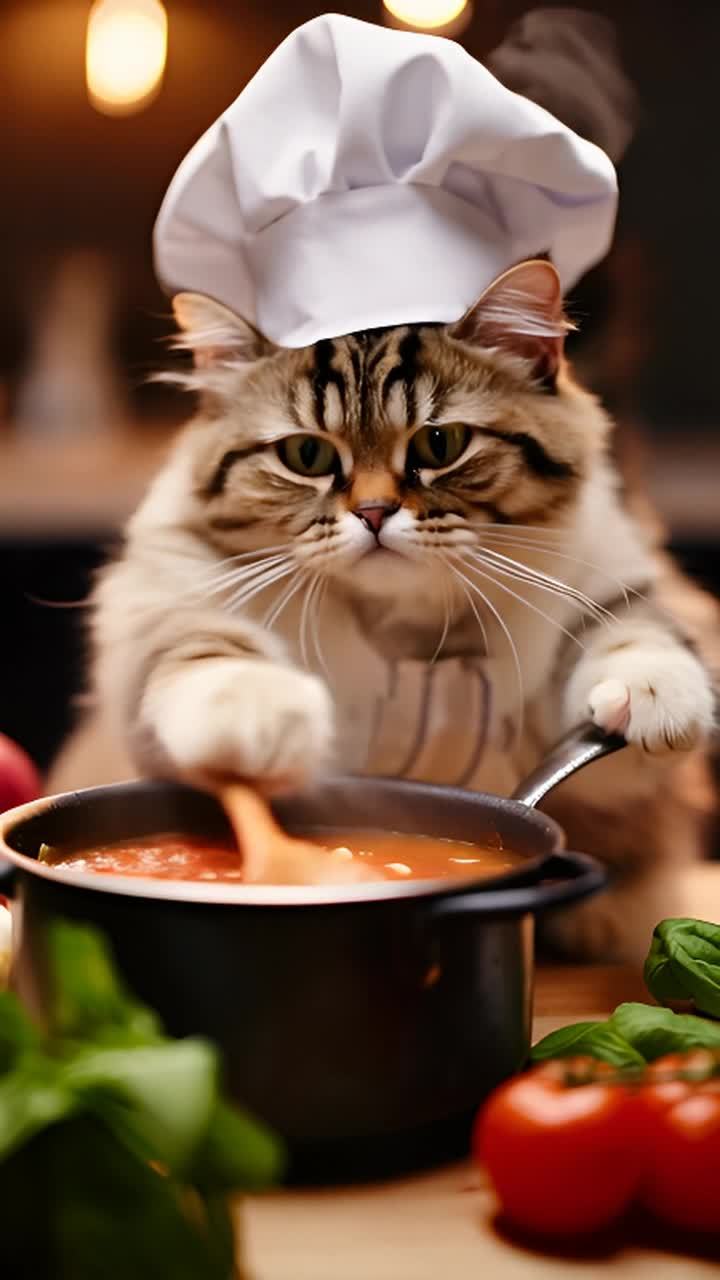 一只波斯猫戴着厨师帽和围裙，在舒适的厨房里轻轻搅拌