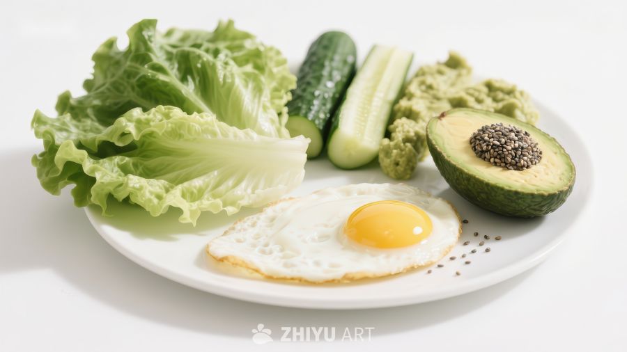 健康早餐：煎蛋、生菜、黄瓜和牛油果