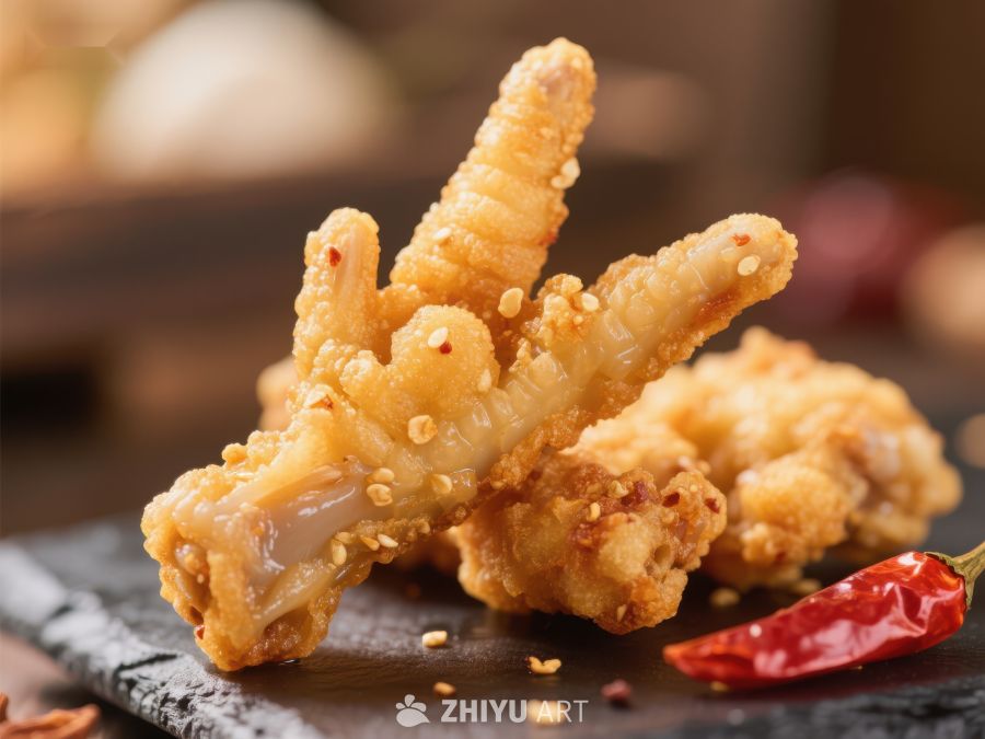 酥脆鸡爪配红椒特写