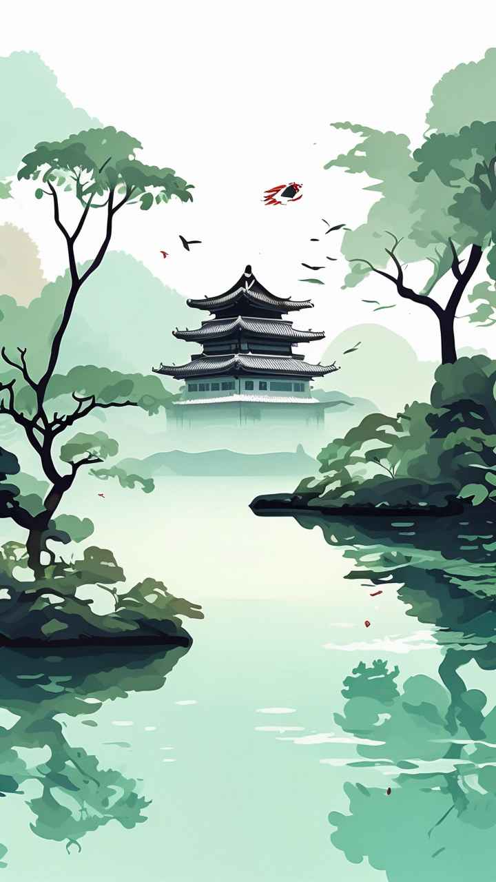 中国画园林植物水亭子插画 9