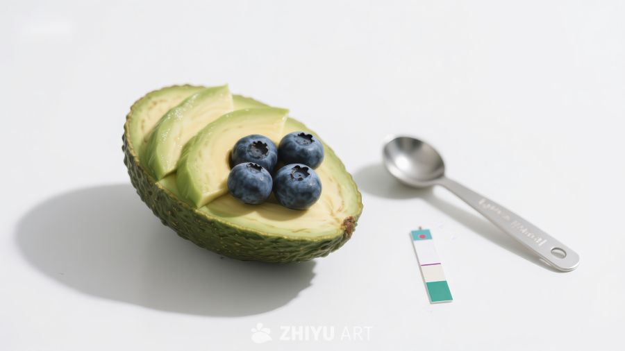 切片牛油果配蓝莓与量勺