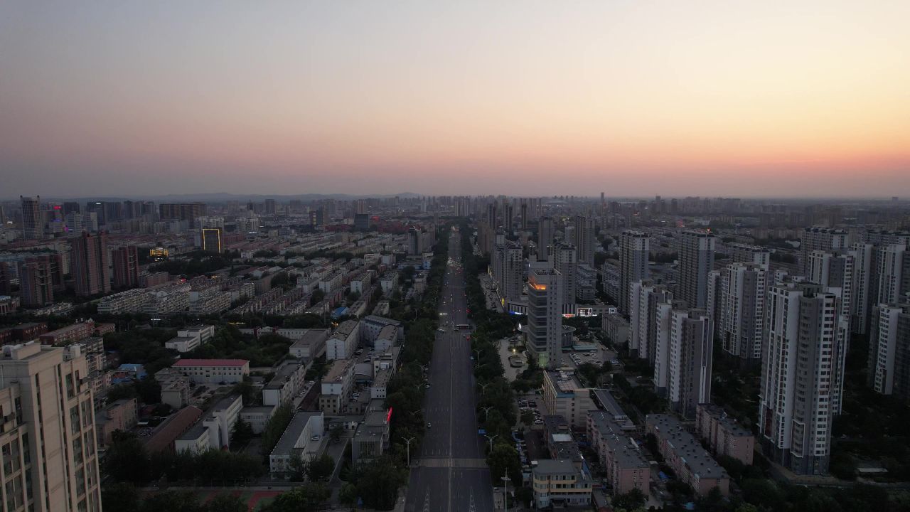  山东青州城市风光日落晚霞航拍