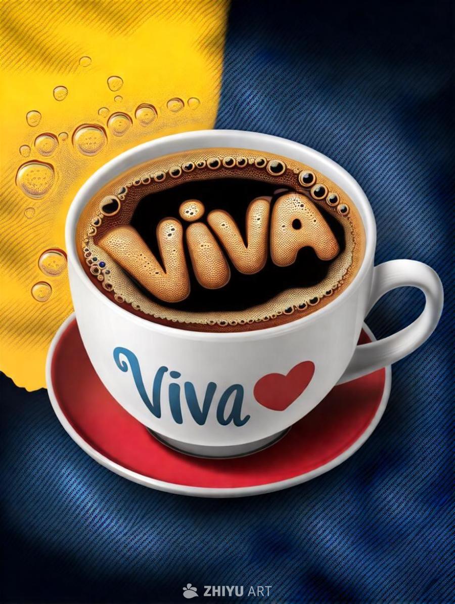 一杯咖啡，咖啡表面由气泡组成“VIVA❤️”字样。