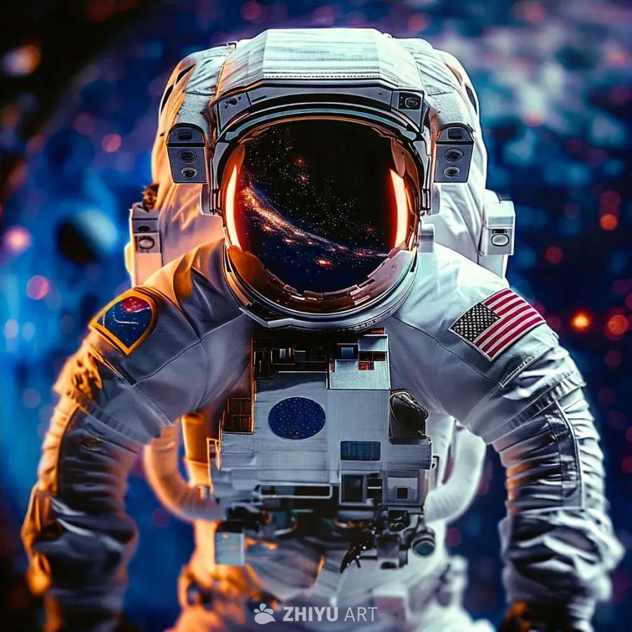 一名宇航员身穿白色宇航服，站在深邃的宇宙空间中。宇