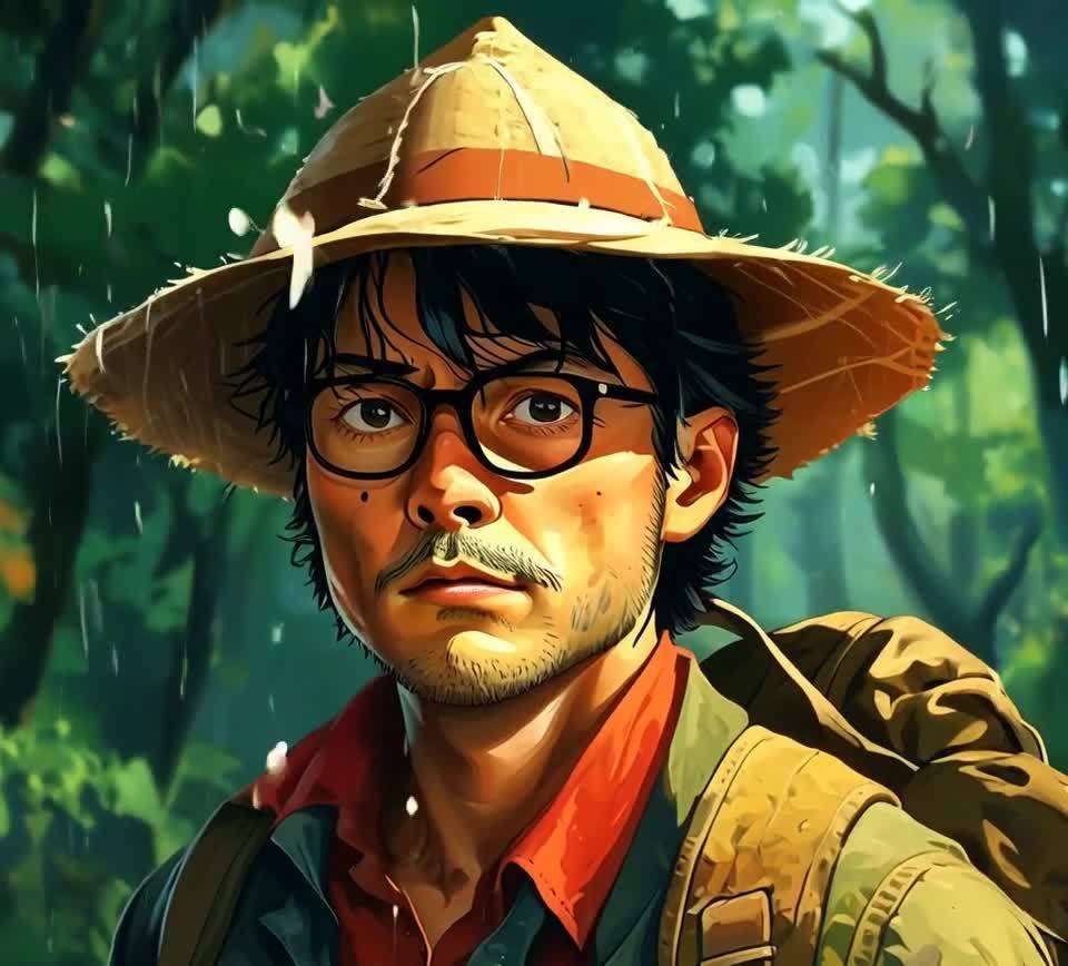戴草帽背包的森林探险者