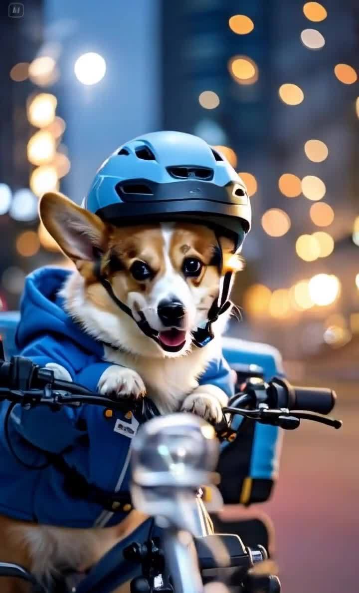 戴头盔穿外套的柯基犬骑着自行车出行